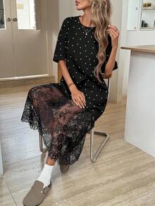 Easowa 波点印花圆领宽松休闲T恤和蕾丝连衣裙，时尚百搭，适合春季外出和通勤，休闲百搭。 - 彩色 - 查看 7