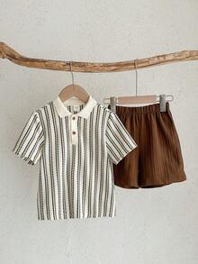 SHEIN Bộ 2 món thời trang cho bé trai, áo polo tay ngắn kẻ sọc và quần short, thoải mái mặc hàng ngày, mùa xuân/hè. - màu nâu - Xem 4