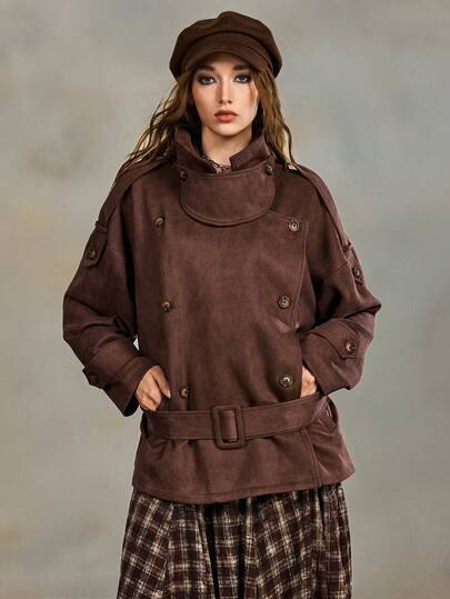 French Retro Suede Faux Fur Collar Short Double-Breasted Belted Windbreaker Jacket
