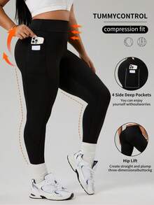 Rhythm Era Women's Black Summer Athletic Pilates Leggings,High Waist Tummy Control Compression Workout Tights With Side Pockets,Plus Size Yoga Pants Hip Lift - Black - View 1
