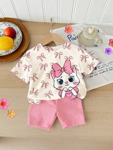 SHEIN Bộ đồ cho bé gái gồm áo thun tay ngắn cổ tròn dáng rộng màu trắng kem và hồng kem, họa tiết mèo hoạt hình dễ thương, nơ báo, cùng quần short bó sát, thích hợp mặc hàng ngày vào mùa xuân/hè, đi chơi, phối đồ, ở nhà, đi nghỉ mát. - Nhiều màu - Xem 3