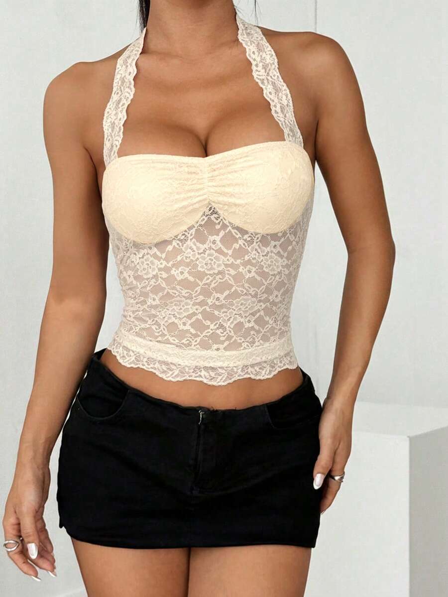 SHEIN EZwear 女士性感蕾丝露背短款上衣，度假风，修身款 - 淡黃色 - 查看 1