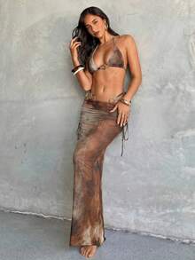 Aloruh 女士三件套比基尼套装，性感优雅浪漫复古梅子色、栗子酒红色，饰有金属装饰，迷你三角罩杯挂脖上衣、迷你丁字裤泳裤和超长纱笼裙，适合度假、海滩穿着，比基尼泳装套装 - 彩色 - 查看 5