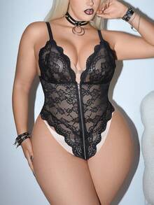 AltCore Mono de talla grande con encaje, sexy y con estilo punk con cremallera - Negro - Ver 1