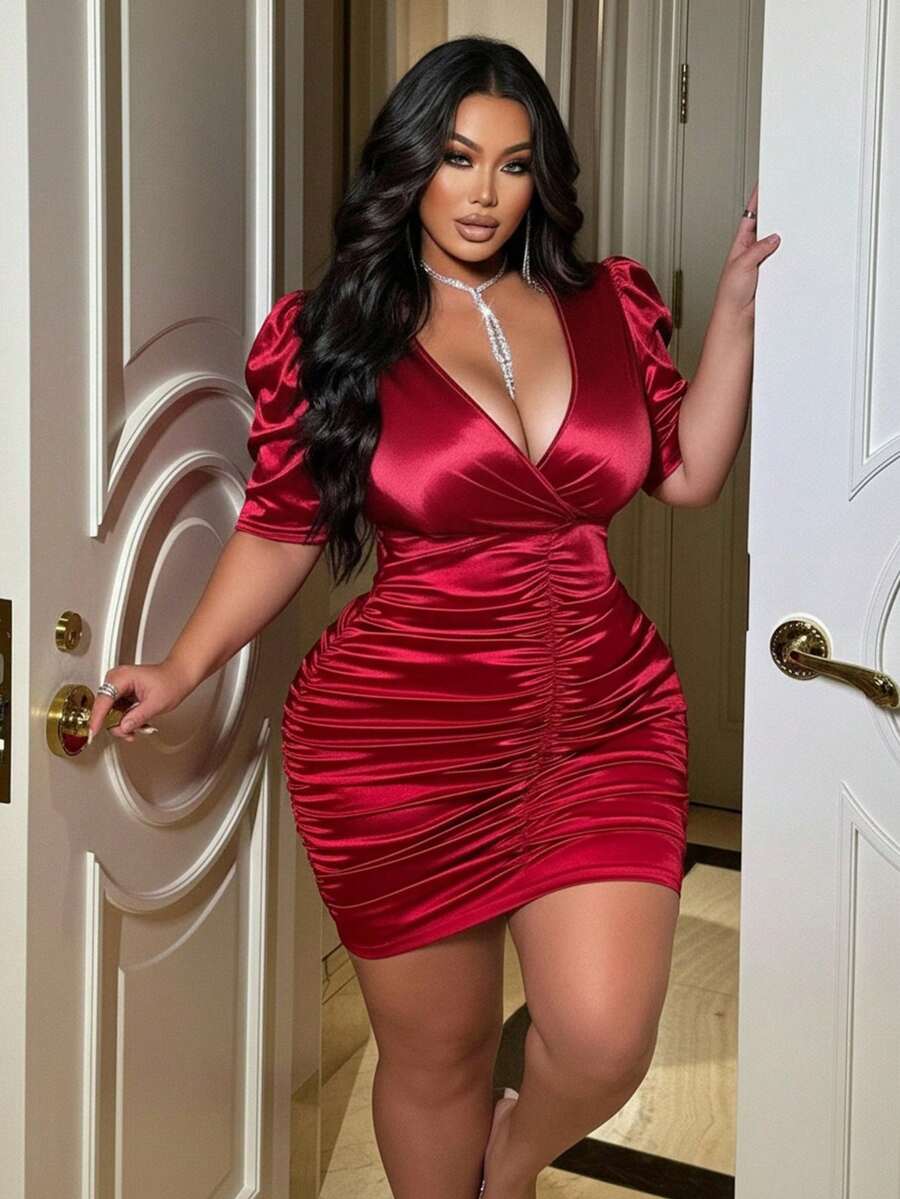 NU&NOW 大码纯色交叉裹身泡泡袖修身褶皱连衣裙 - 酒紅色 - 查看 1