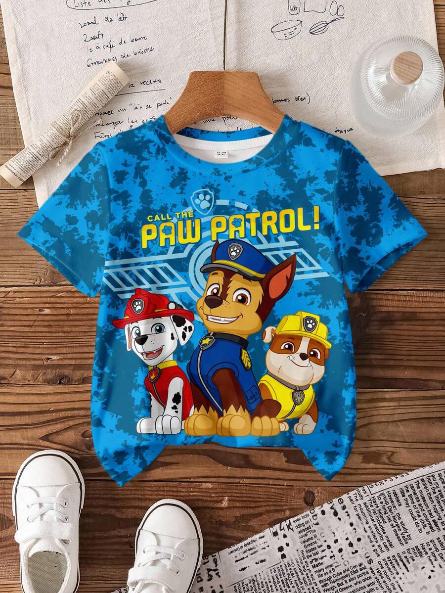 SHEIN | PAW Patrol Young Boy Casual Daily Commute Fashionable Street Cartoon Dog & Letter Tie-Dye Print Short Sleeve T-Shirt - White - View 1