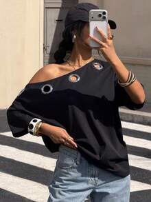 Muchica Women's Metal Grommet Design Loose Fit Batwing Sleeve T-Shirt For Going Out Outfits, Back To School, Streetwear, Grunge And Punk Chic, Y2K Clothes, Edgy Clothes Woman And Unique Clothes, Black Y2k Top, Asymmetrical Shoulder T Shirt - Black - View 3