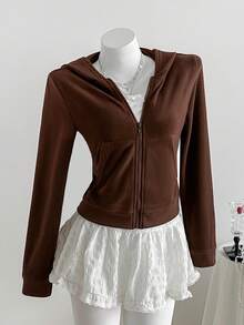 SHEIN LUNE 女士时尚休闲全拉链连帽卫衣，轻便带口袋 - 咖啡棕 - 查看 1