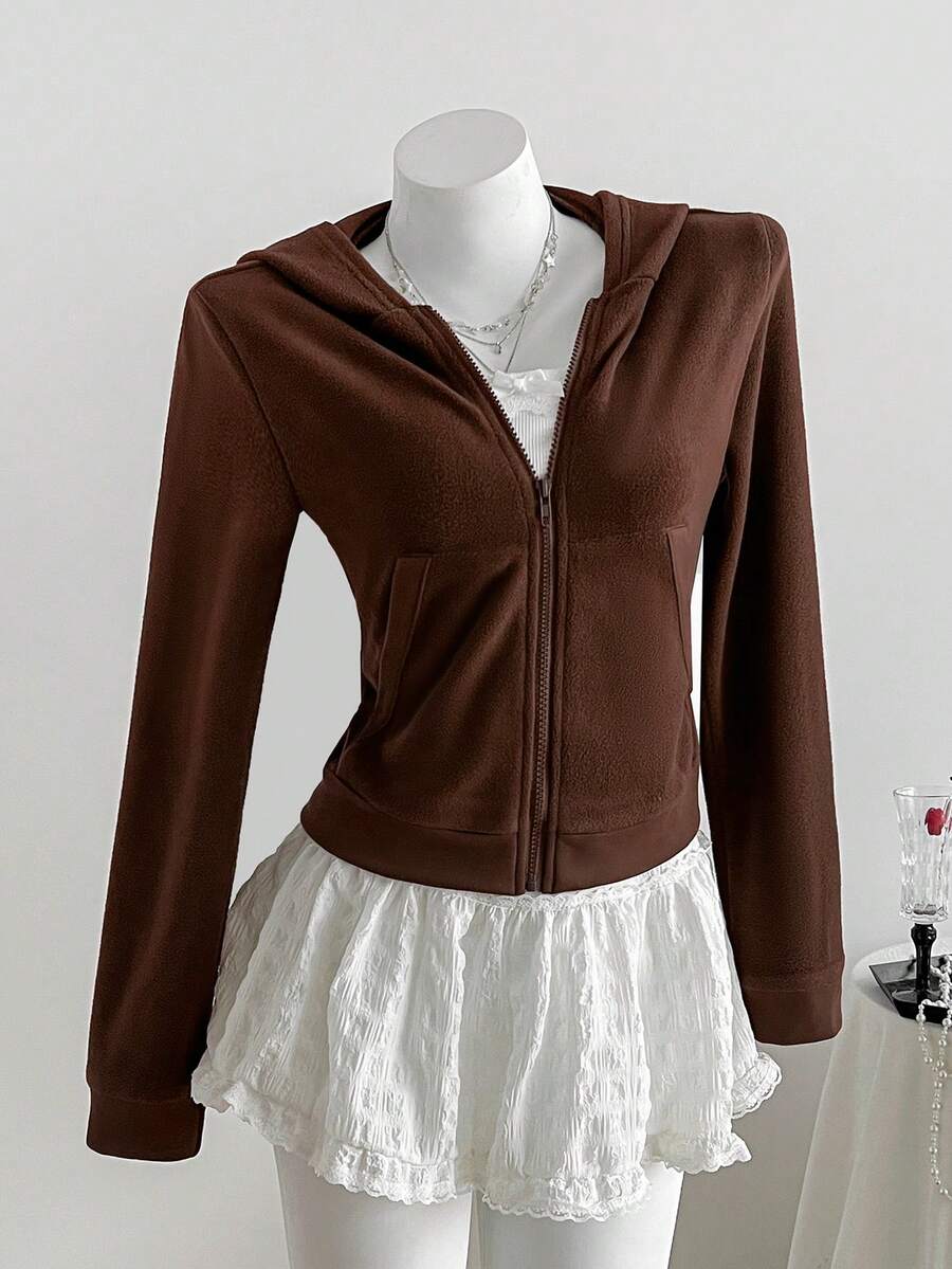 SHEIN LUNE 女士时尚休闲全拉链连帽卫衣，轻便带口袋 - 咖啡棕 - 查看 1