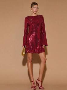 COSMINA 女士优雅迷你连衣裙、派对连衣裙、鸡尾酒会连衣裙、新年连衣裙、情人节连衣裙、长袖露背连衣裙、红色连衣裙、亮面连衣裙、婚礼宾客连衣裙 - 紅色 - 查看 3