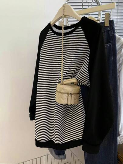 Resyla 新款女士秋冬条纹柔软舒适撞色插肩袖圆领卫衣