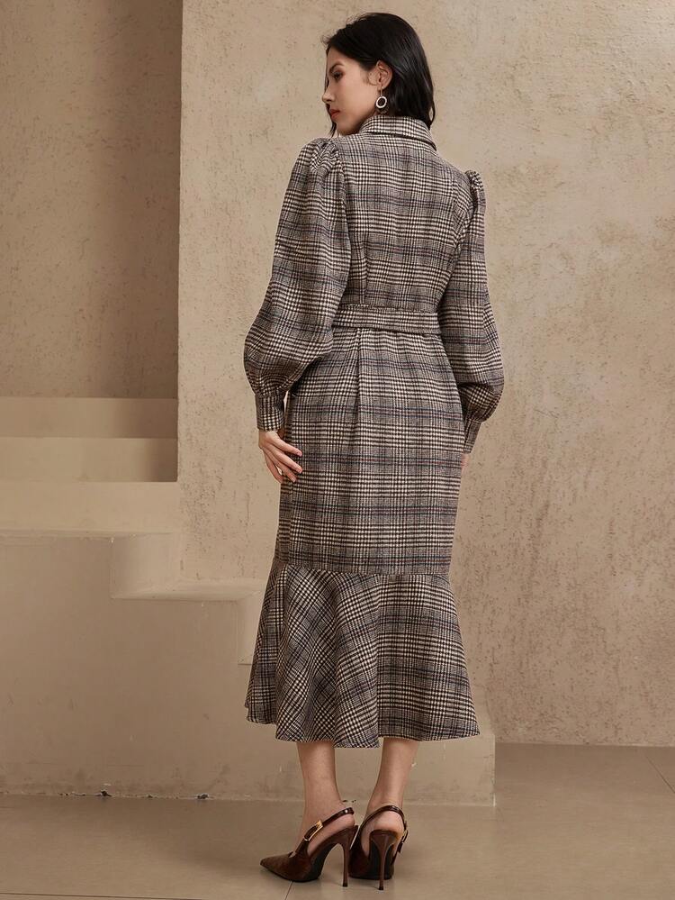 Elegant Plaid Belted Midi Dress With Lapel Collar For Women, Autumn/Winter