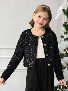 SHEIN Tween Girls Casual Elegant Long Sleeve Solid Black Sequin Jacket Girls Sequin Jacket Girls Black Jacket Girls Elegant Sequin Jacket Girls Jacket Kids Sequin Jacket Girl Clothes Autumn And Winter Clothes Girl Jacket Girls Sequin Embellished Jacket Tween Girl Elegant Sequin Embellished Kids Black Jacket Black Blazer For Girls - Black - View 4