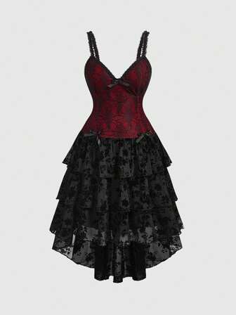 Goth Abito stile gotico con orlo in pizzo asimmetrico, stampa a ragnatela nera e rossa, abito gotico oversize per Natale