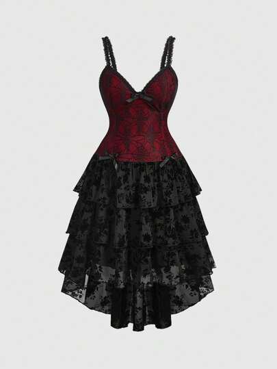 Goth Abito stile gotico con orlo in pizzo asimmetrico, stampa a ragnatela nera e rossa, abito gotico oversize per Natale