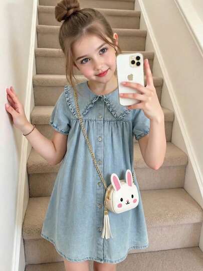 Playful Pals Young Girl' Casual Cute Collar Ruffle Washed Blue Bubble Short Sleeve Dress, Suitable For Spring/Summer Outings, Vacation, School, Daily Wear