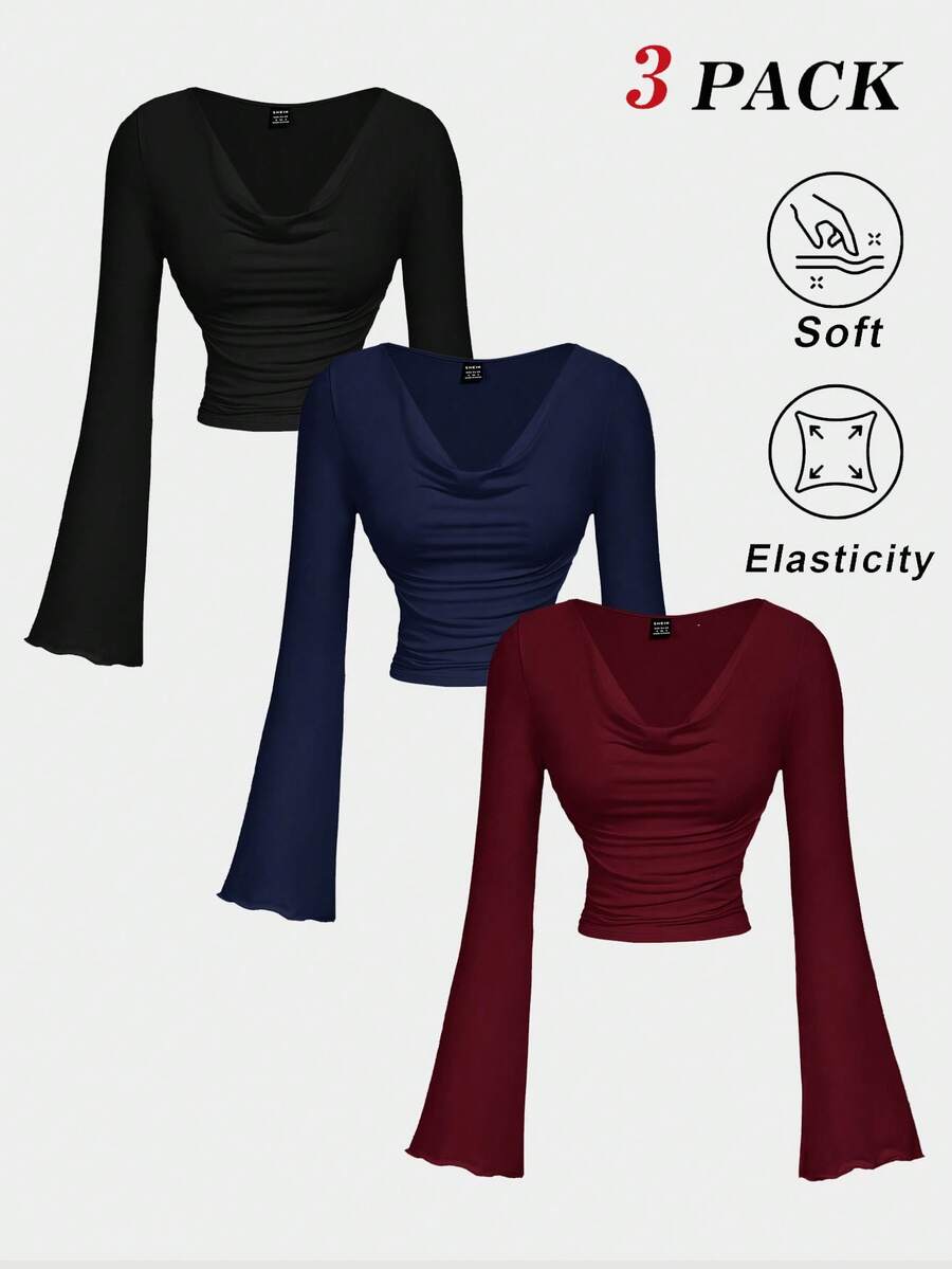 SHEIN MOD Bộ áo phông 3 món tay loe màu trơn thanh lịch - Đỏ và đen - Xem 1