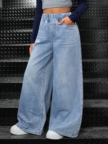 SHEIN Celana Jeans Anak Perempuan Remaja dengan Pinggang Elastis, Saku, Kasual, Serbaguna, dan Potongan Lebar untuk Bepergian - Light Wash - View 3