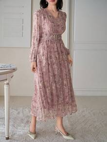 DAZY Đầm dài cổ chữ V màu trơn thanh lịch dành cho nữ, có thắt lưng, thích hợp cho mùa xuân/hè, họa tiết hoa. - Hồng - Xem 5