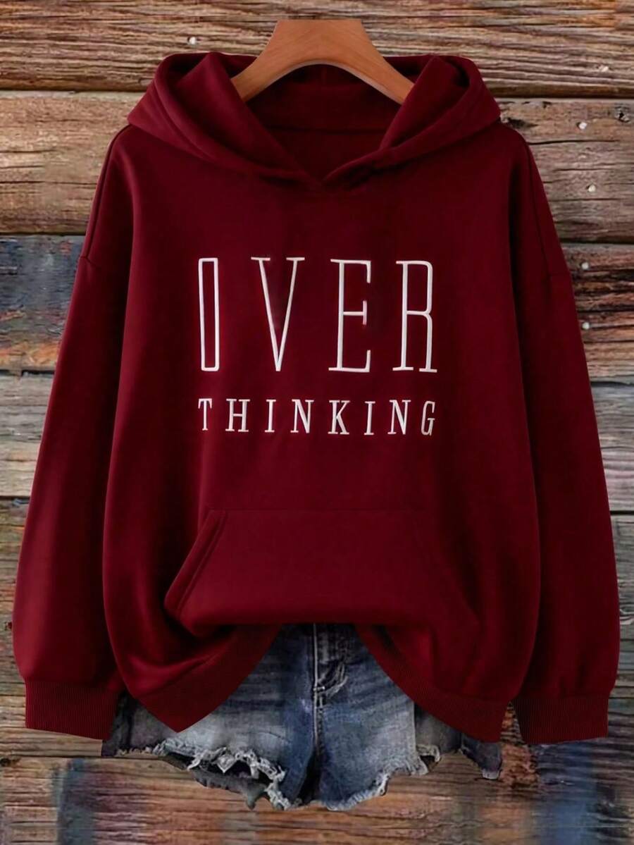 EMERY ROSE White Ink Print Hooded Pocket Loose Casual Sweatshirt For Women - Burgundy - View 1
