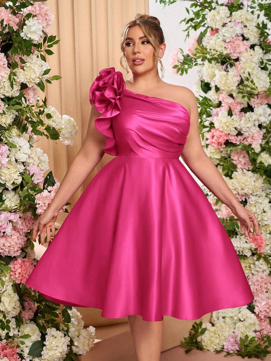 Lovelzi Plus Size Women's Elegant Romantic Red Satin One-Shoulder Pleated Exaggerated 3D Floral A-Line Midi Dress, Suitable For Formal Balls, Galas, And Parties - Hot Pink - View 1