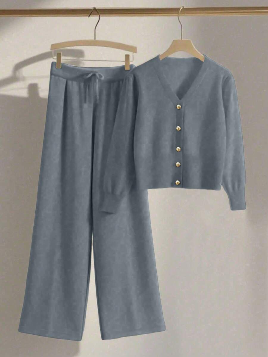 Franclia 女士休闲宽松针织毛衣裤套装（2件套），舒适简约设计 - 深灰色 - 查看 1