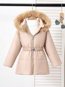 Young Girls' Warm Fleece Hooded Padded Coat, Winter - Khaki - View 3