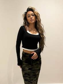 RebeccaVibe 女式夏季 Y2K 演唱会狂欢外出黑色修身二合一长袖上衣 - 黑色 - 查看 1