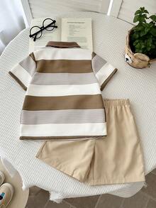 LMoss Kids LMoss   Young Boy Striped Print Short Sleeve Polo Shirt And Solid Color Shorts Set - Multicolor - View 2