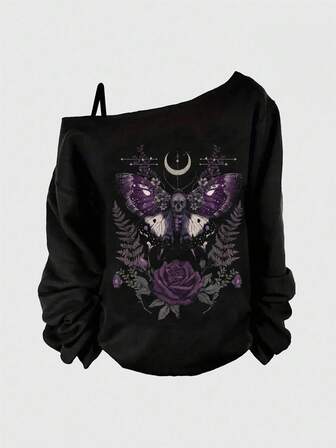 Große Größen Gothic Dunkel Schmetterling, Fledermaus, Sonne, Mond, Stern & Pflanzen Muster Sexy asymmetrisches Schulter Camisole Sweatshirt