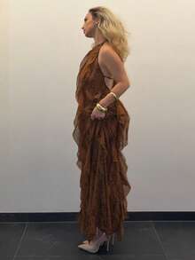 Jeta Ari Women Clothes, Women's Elegant Brown Leoprard Print Maxi Dress, Halter Neck Sleeveless With Ruffles Simple Fashion Daily Casual, Women Dresses, Party Women Dresses, Beach Women Outfits, Summer Women Outfit, Elegant Women Dresses, Valentin Day Dress, Long Dress. For Date Night, Concerts, Performances, Parties, Clubs, Evening - Mocha Brown - View 4