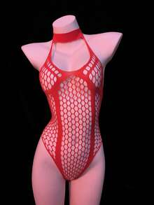 1件装女士性感镂空网纱无袖吊带开裆连体衣 - 紅色 - 查看 3