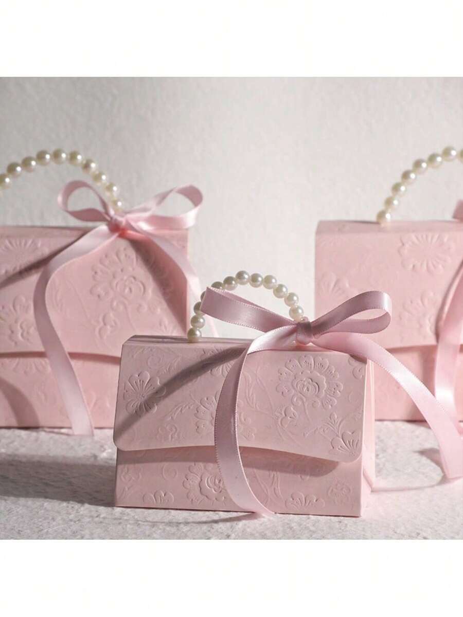 10个装纸质礼盒，凹凸立体花朵设计，配珍珠手柄，适用于派对节日礼品包装、婚礼礼盒、生日礼盒、小型活动礼品袋、情人节礼盒 - 彩色 - 查看 1