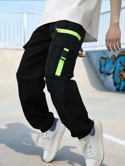 SHEIN Fantacosmos Tween Boys' Casual Colorblock Cargo Jogger Pants, School, Campus, College Chic Outfits For Autumn/Winter