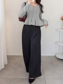 FRIFUL Women's V-Neck Ruffle Hem Solid Color Casual T-Shirt - Grey - View 3