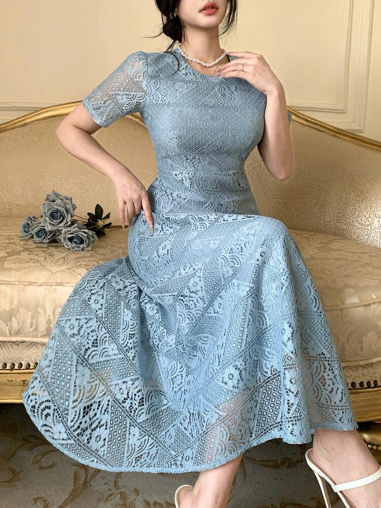 Elegant Lace French Style Cinched Waist A-Line Midi Dress For Women Sundress