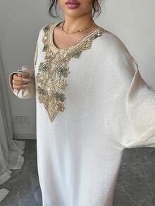 Yasmyna Women's Elegant Sequin Embroidery V-Neck Loose Dress, Autumn Kaftan Jalabiya Dress - Khaki - View 3