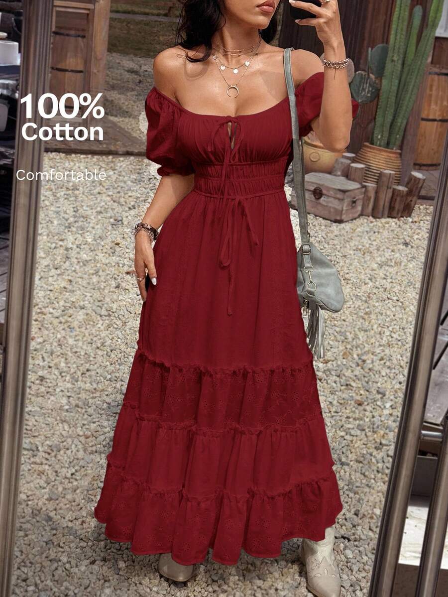 SHEIN EZwear 女士度假纯色前系带褶皱休闲连衣裙 - 酒紅色 - 查看 1