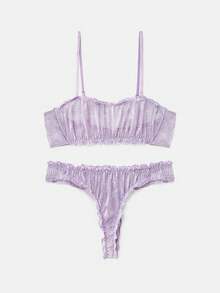 lacRébo 淡紫色蕾丝荷叶边内衣套装，配有抹胸式胸罩和配套内裤，性感别致 - 淡紫色 - 查看 8