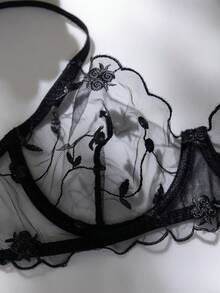两件套女士浪漫性感薄纱刺绣网纱文胸套装（带钢圈） - 黑色 - 查看 6