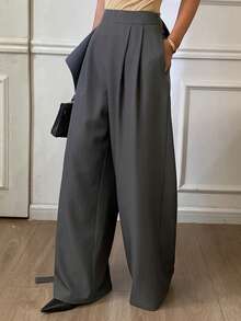 DAZY 女士优雅宽松系带斜领纯色长裤，适合春秋季穿着 - 灰色 - 查看 5