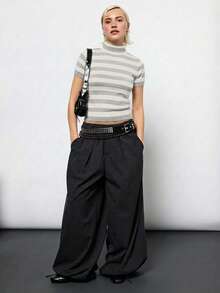 COUREZ High Neck Short Sleeve Stripe Knit Top /Y2K Spring Going Out Tops Black Top Sexy Going Out Cue Tops Festival - Grey - View 2