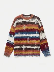 Manfinity VCAY Suéter casual de cuello redondo con contraste de color y desgastado para hombres - Naranja - Ver 3