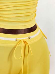 Amplova Women's Slogan Print Yellow Bandeau Top And Low Waist Mini Shorts Set - Multicolor - View 6