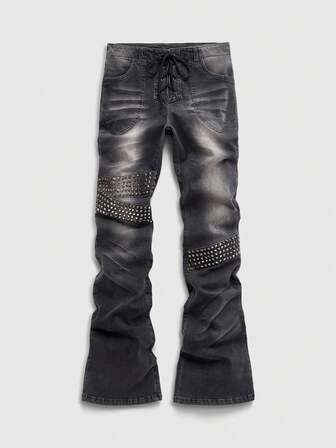 Herren Lässig Fashion Street Punk Metall Nieten Layered Verwaschen Weite Jeans