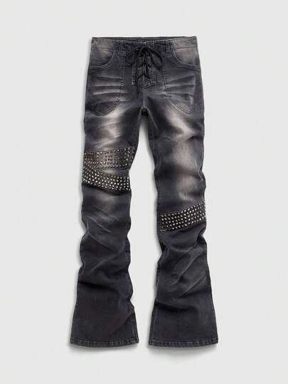 Herren Lässig Fashion Street Punk Metall Nieten Layered Verwaschen Weite Jeans