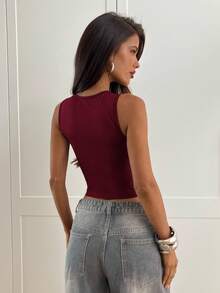 Aloruh Áo crop top hở vai cổ tròn đính đinh tán thời trang Y2K dành cho nữ - Màu Đỏ Sâu - Xem 5