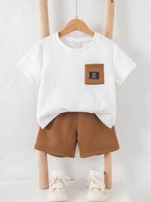 SHEIN Bộ quần áo thể thao tay ngắn thường ngày cho trẻ em trai và bé trai, thích hợp mặc khi đi làm, đi học, mặc thường ngày, du lịch, thể thao, tụ tập lễ hội, mùa xuân, mùa hè - Nhiều màu - Xem 3