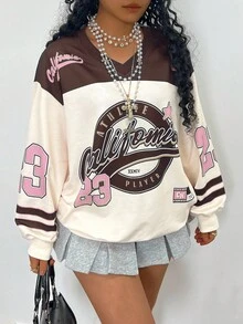 Rovax Women's Casual V-Neck Oversized Long Sleeve Letter Print Sweatshirt, Autumn - Pink - View 1