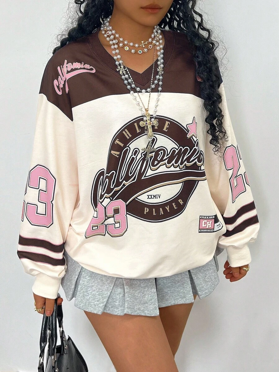 Rovax Women's Casual V-Neck Oversized Long Sleeve Letter Print Sweatshirt, Autumn - Pink - View 1